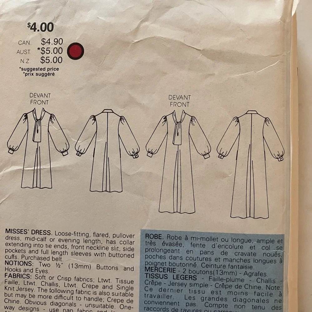 Vintage Very Easy Vogue 8856 Women's Tie Neck Dress Pattern Sz 14, 16 & 18 Uncut